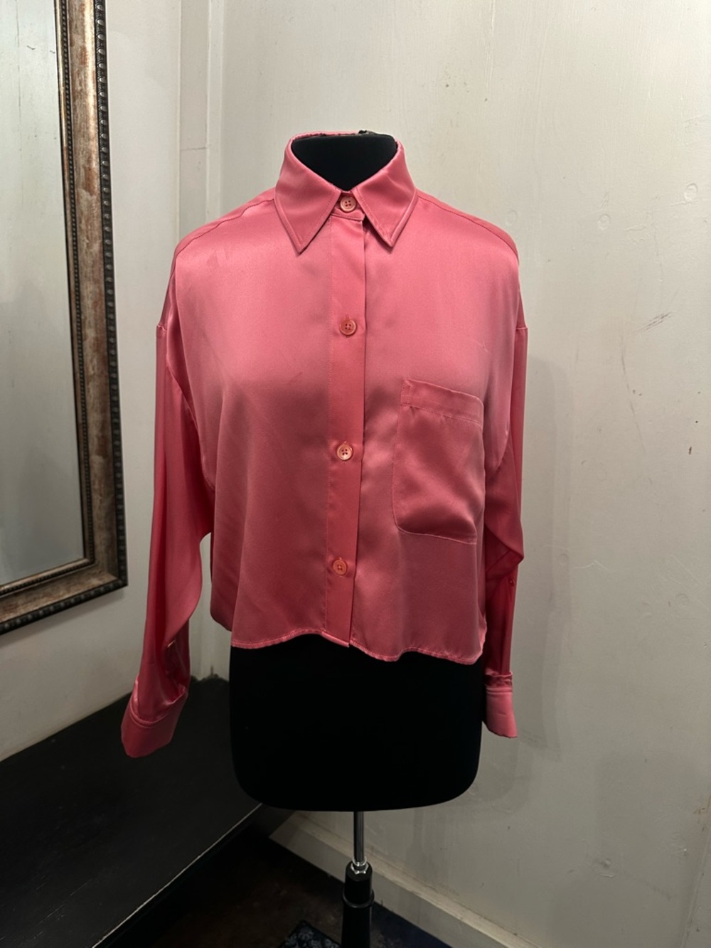 Women's Pink Silk Button-Up Blouse